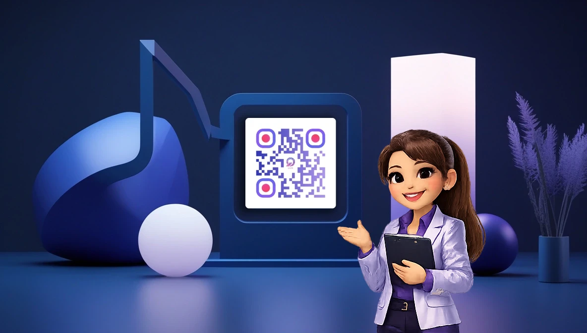 QR code transformé en objet design à exposer, élégant avec branding bleu foncé et violet foncé – Tutoriel QRZR 2026